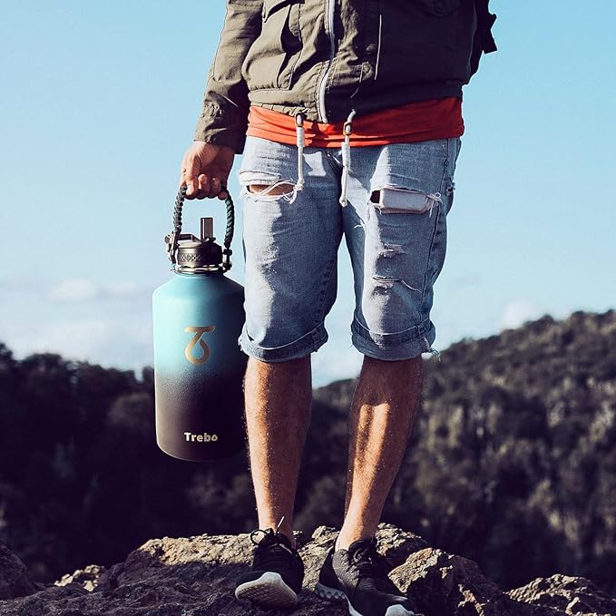 Trebo One Gallon Water Bottle Insulated with Paracord Handle,128oz Large Stainless Steel Water Jug,Vacuum Triple Wall Insulated 24hr Cold Retention,Leakproof Flask with 3 Lids,Indigo Black