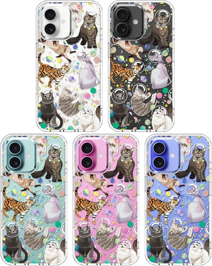 MOSNOVO Case for iPhone 16 Plus, [Buffertech 6.6ft Military-Grade Drop Protection] [Anti Peel Off Tech] Clear TPU Bumper Phone Case Cover Design - Space Cat