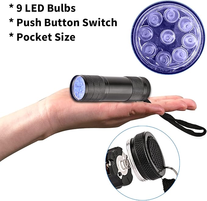 5 Pcs UV Black Light Flashlights Bulk, 9 Led 395-400nm Mini Blacklight Handheld Portable Torch Pet Urine Detector for Bed Bug, Hair, Dog Cat Urine and Stains Batteries Included