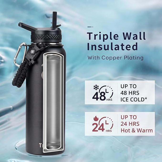 Trebo 40oz Water Bottle Insulated with Lid and Straw,Triple Wall Vacuum Stainless Steel Metal Tumbler Sports Flask with Paracord Handle, Keep Hot 24 Hours & Cold 48 Hours Water Jug with 3 Lids, Black