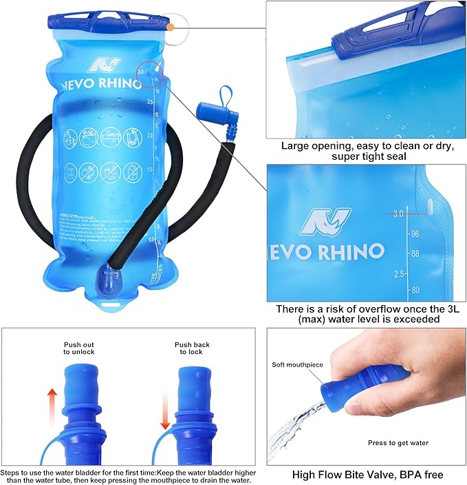 N NEVO RHINO Hydration Bladder1.5L- 2L-3L Leak Proof Water Reservoir, BPA -Free Water Pouch, Water Bladder for Hydration Pack，Hiking Backpack