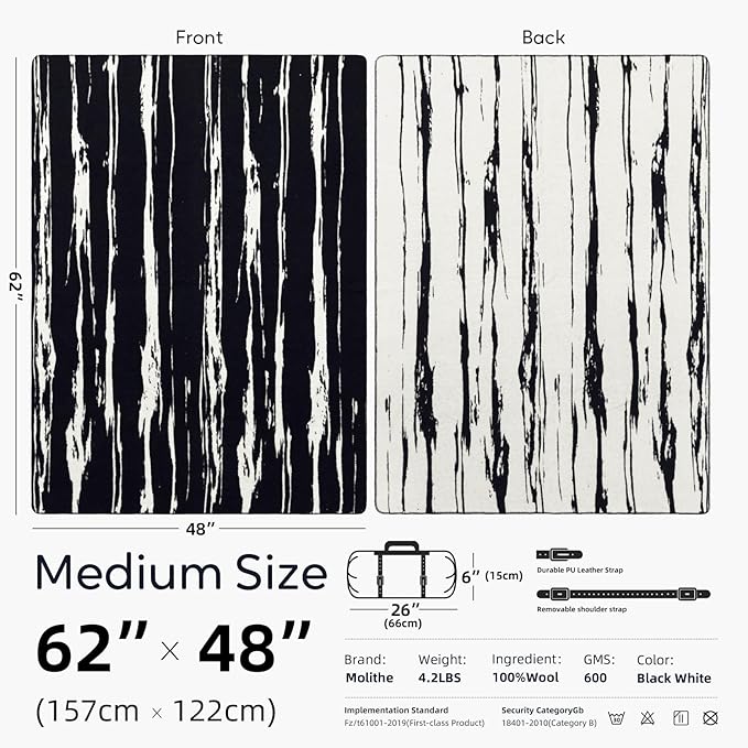 Molithe 100% Wool Blanket, 48" x 62", Warm, Thick, Washable, Military Wool Blanket, Great for Camping, Outdoors, Sporting Events, Survival Kits,Black White Striped