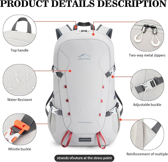 BAGPARKK Hiking Backpack,Large 35L Travel Backpacks for Men Women,Ultra Lightweight Packable Camping Daypack for Outdoor Sports (Light Gray)