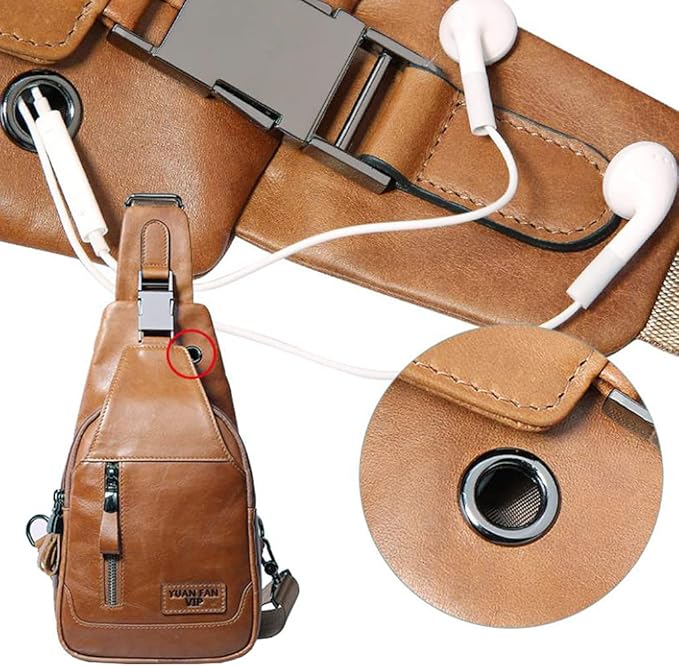 Hebetag Leather Sling Bag Hiking Daypack for Men Women Outdoor Travel Camping Fishing Crossbody Shoulder Chest Pack Daypack Small Brown