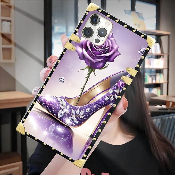 Compatible with iPhone 12 12 Pro Case, High Heeled Purple Diamond Rose Luxury Golden Decoration for Girl Women Soft TPU Shockproof Protective Hard PC Back for iPhone 12 12 Pro