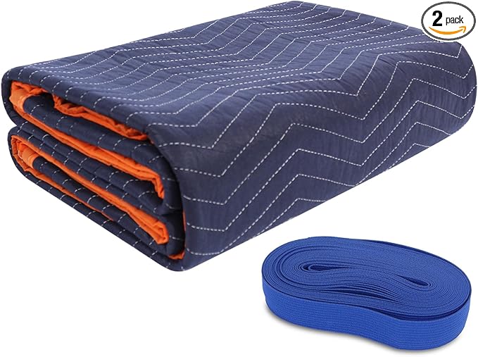 1 Moving Blankets 72x80in with 1 Elastic Rubber Band (196in Extendable to 400in) – Durable Quilted Moving Blanket-Heavy Duty Shipping Blankets (Total Weight 4.4 lbs,Black/Blue)