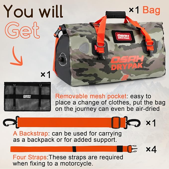 OSAH DRYPAK Waterproof Duffel Bag - Motorcycle Dry Bag Tail Bag with Large Storage Space, Waterproof Luggage Duffle Bags with Outer Mesh Zipper Pocket for Camping, Kayaking, Fishing & Traveling