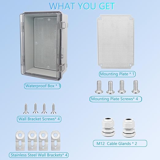 IP67 Waterproof Junction Box, ABS Plastic Electrical Enclosure with Stainless Steel Latch, Hinged Cover Electric Box with Mounting Plate, Wall Brackets & Cable Glands 300x200x130