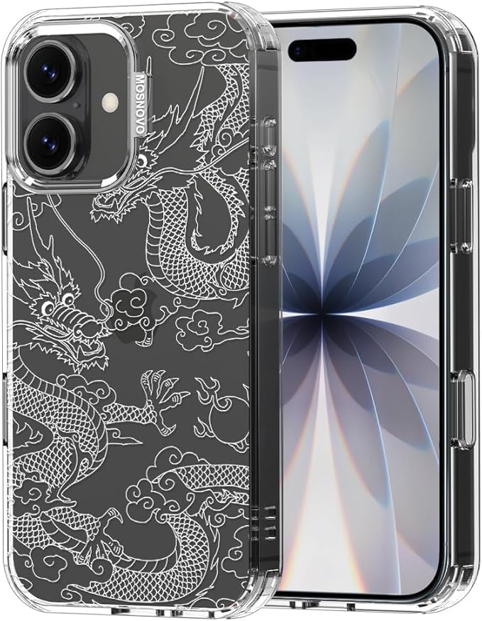 MOSNOVO for iPhone 17 Case | Military Grade 6.6ft Drop Tested | Camera Control | Clear with White Dragon Design