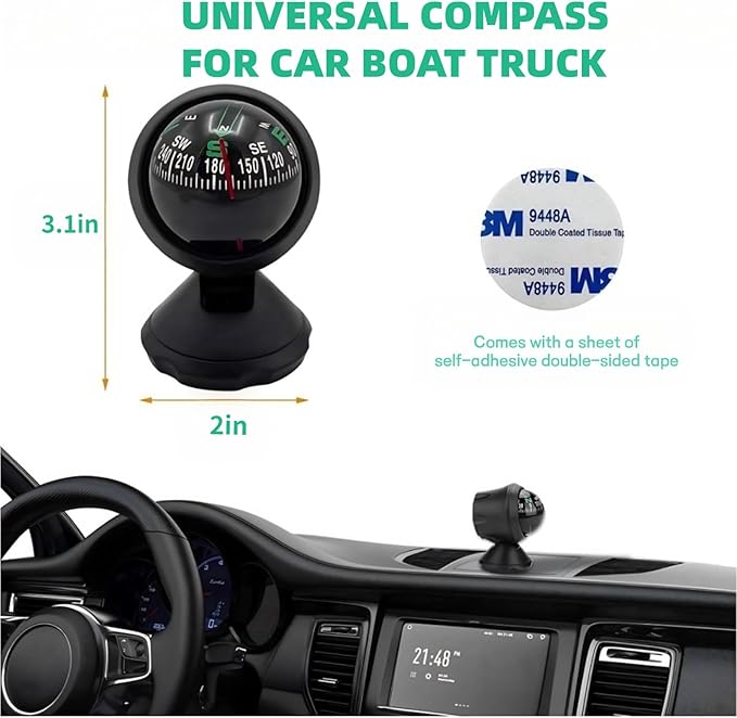 Car Compass, Night Vision Electronic Digital Compass, Direction Guidance for Boat Vehicle, Can be Decorative Ornament or Birthday Present, Pivoting Compass, Stick, Easy to Read, Black