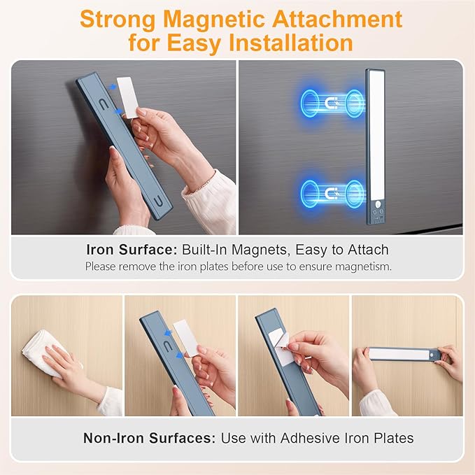 Gritin 10.2inch Under Cabinet Lighting Rechargeable 2 Pack- 3 Color Temps&5 Level Brightness, Super Bright, 4 Modes, Motion Sensor, Long Lasting-Easy Installation Magnetic Under Closet Lights-Sea Blue