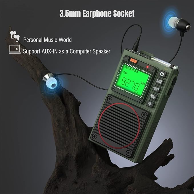 Raddy RF75A APP Control Shortwave Radio, Portable Shortwave Radios AM/FM/VHF/SW/WB Weather Radio, Pocket Radio Rechargeable w/ 9.85 Ft Wire Antenna (Army Green)