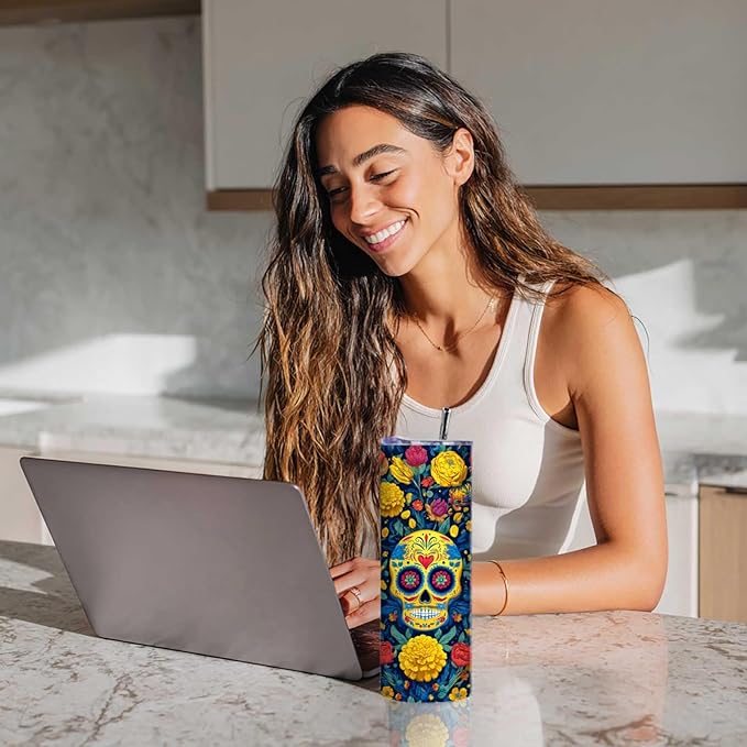 Firmiso 20 oz Tumbler | Insulated Skinny Travel Mug with Leak-proof Lid and Telescopic Straw | Sugar Skull Stainless Steel Hot & Cold Cup | Skull Floral Inspired Gifts for Women and Men
