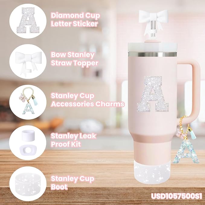 6PCS White Stanley Cup Accessories Set Fit for Stanley Cup 30oz 40oz. Including Handle Charm, Personalized Initial Sticker, Straw Topper, Sparkly Silicone Boot, Spill Proof Stopper (Letter-I)