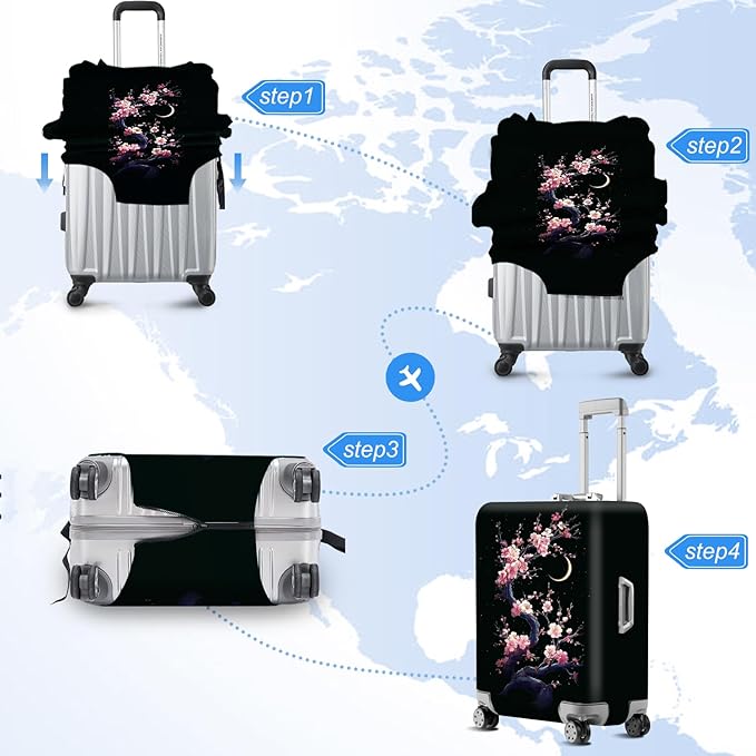 ANNA QUEEN Cherry Blossom & Moon Luggage Cover-Stretchable, Water Resistant & Durable Suitcase Protector,Universal Washable Fit for 32-34 Inch Checked Baggage