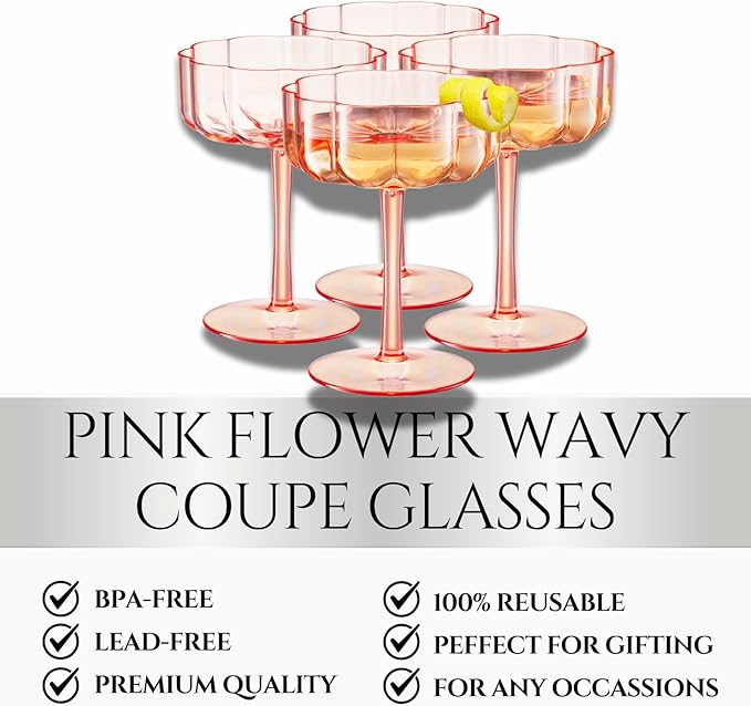 Khen Shatterproof Acrylic Flower Wavy Art Deco Martini, Champagne & Cocktail Blush Peach-Pink Plastic Tritan Coupe Glasses | Set of 4 | 8.5oz Classic Cocktail Indoor & Outdoor Set Gift