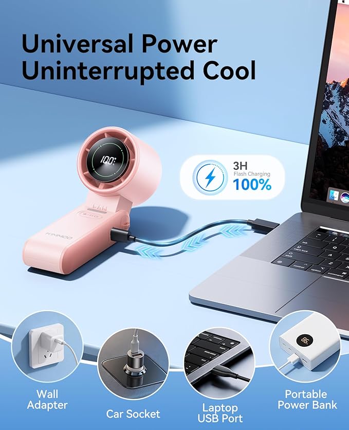 KIMMOO 3-in-1 Portable Handheld Turbo Fan-100 Speeds,Powerful 20000 RPM, 12Hrs Cooling, LED Display, 120° Rotation, USB Rechargeable Mini Hand Held Personal Fan for Travel Makeup Outdoor Indoor, Pink