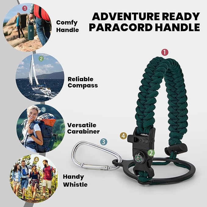 RAYMYLO Insulated Water Bottle 32 oz, Triple Wall Vacuum Stainless Steel (Cold for 24Hrs, Hot for 12Hrs), Leak Proof & Non-BPA, Modern Water Flask Jug with Paracord Handle & Straw Spout Lids