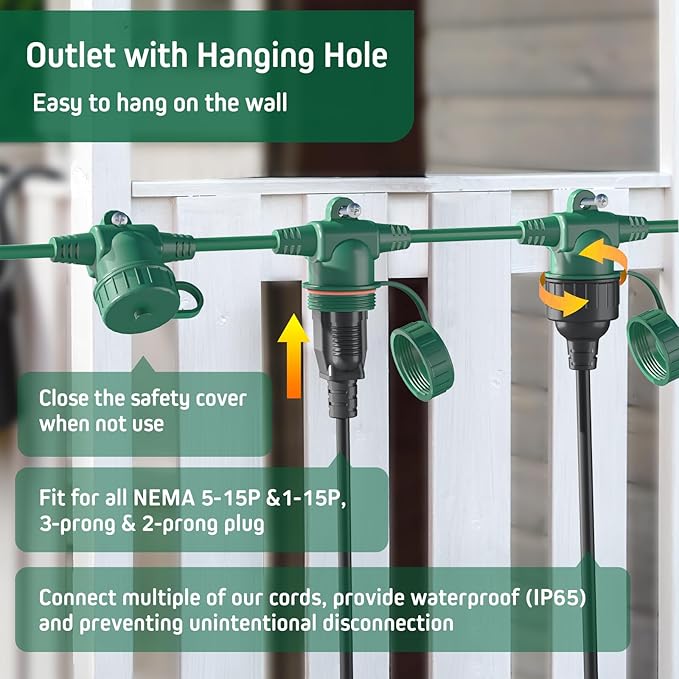 50FT Green Outdoor Extension Cord, Evenly Spaced 6 Outlets Plugs with Waterproof Cover, 16/3 SJTW Weatherproof Multiple Outlets Wire for Holiday Light and Halloween Christmas Decoration, ETL Listed