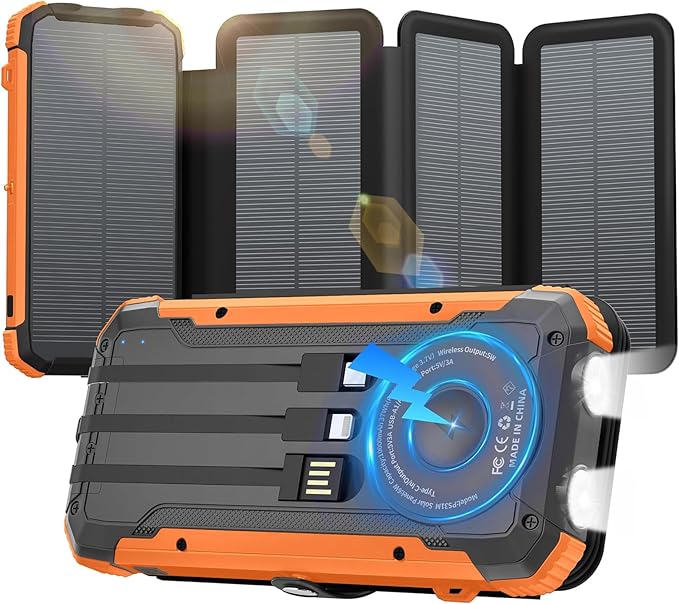Solar Power Bank 20000mAh Portable Charger Built-in 3 Cables and Wireless Charging Battery Pack Compatible for iPhone, IPX5 Waterproof, Bright Flashlight Perfect for Camping, Hiking, Outdoor