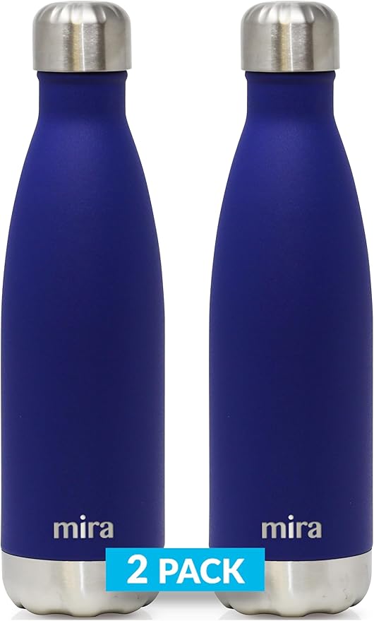 MIRA 2 Pack 17 oz Insulated Water Bottle - Stainless Steel Cola Shape Thermo - Double Wall Hot & Cold Flask (24Hr Cold/12Hr Hot) - Matte Blue