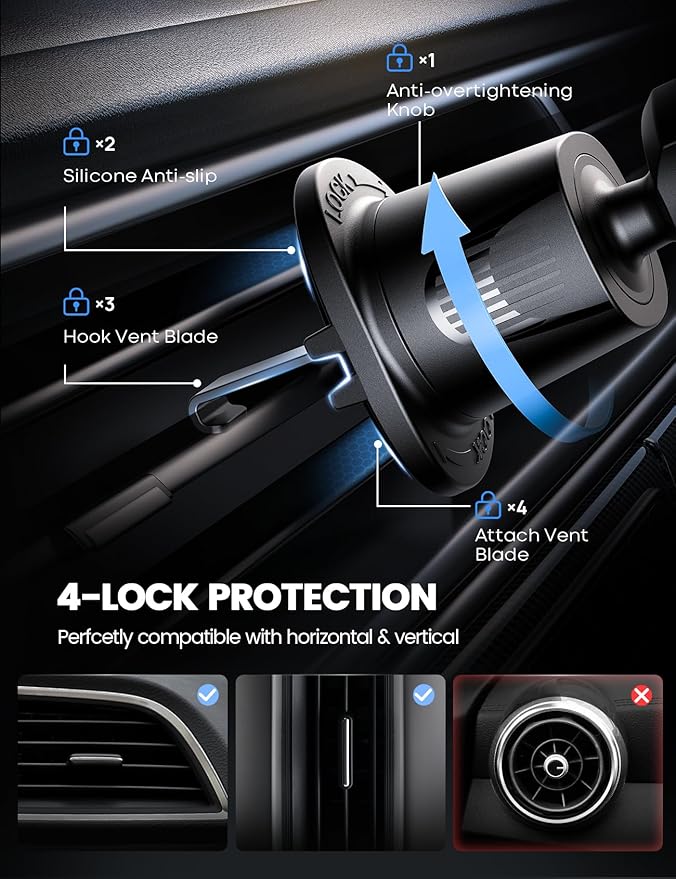 Lamicall 2026 Wider Clamp & Metal Hook Car Phone Holder Vent [Thick Cases Friendly] Phone Holders for Your Car Mount Automobile Hands Free Cradle Air Vent for iPhone 17 16 15 Pro Max Dark Grey
