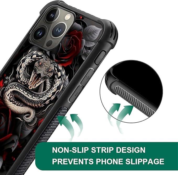 for iPhone 15 Pro Max Case, Entwined Rose Snake Pattern Graphic Design Girl Boy Soft Silicone Hard Acrylic Shock Protection for iPhone 15 Pro Max