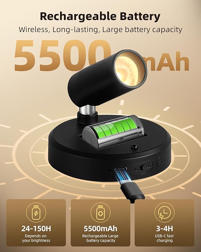 EZVALO Spotlights Indoor with Remote, 5500mAh Rechargeable Picture Lights, Wireless LED Uplighting with Timer & Dimmable, 3-CCT, Mini Plant Spot Lights for Painting, Artwork (4-Pack-Black)
