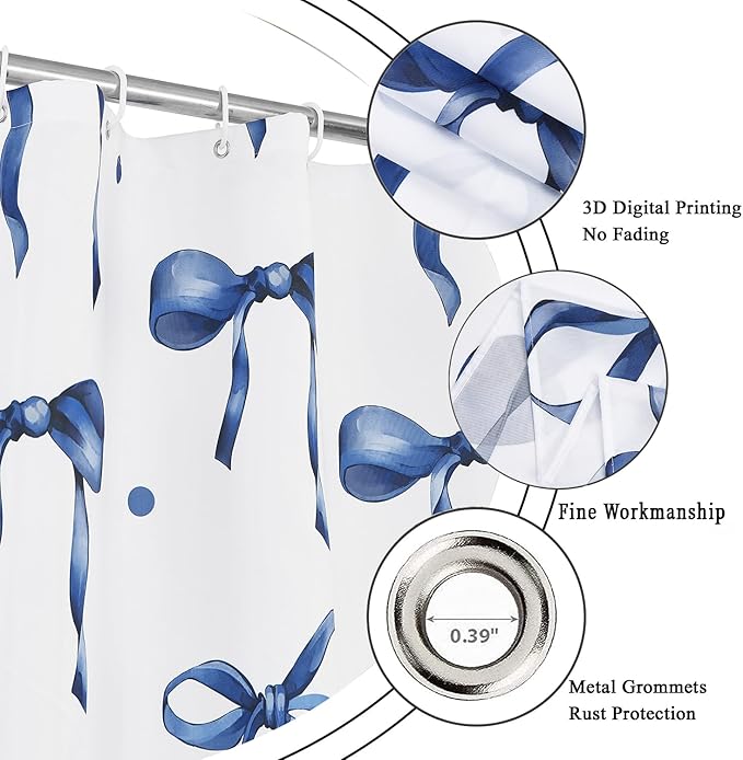 Navy Bow Shower Curtain, Navy and White Modern Aesthetic Bowknot with Polka Dot Cute Girly Bathroom Curtain Waterproof Fabric Machine Washable with Hooks, 72" Wx78 L
