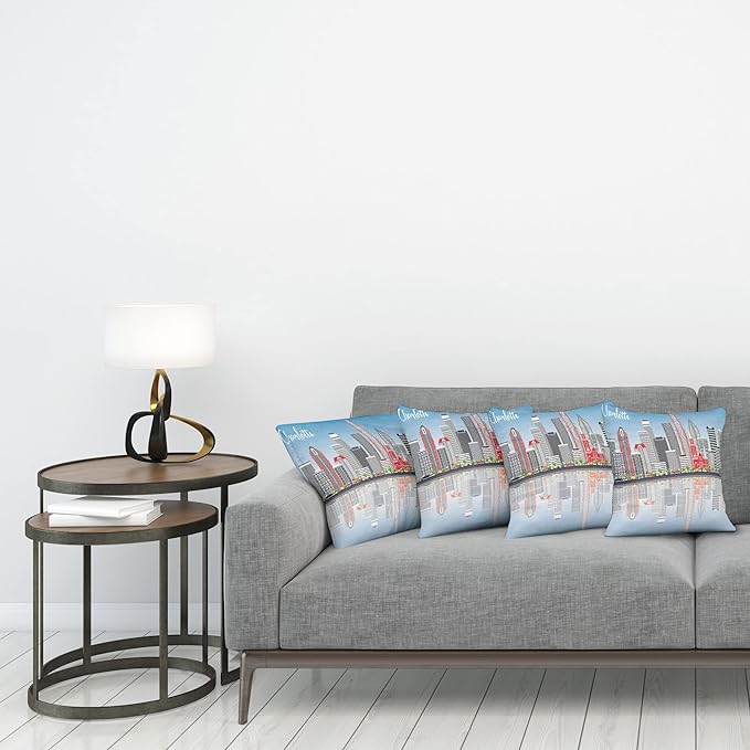 Ambesonne North Carolina Throw Pillow Cushion Case Pack of 4, Charlotte Skyline with Urban Skyscrapers Buildings City Landscape, Modern Accent Double-Sided Digital Printing, 18", Grey Coral