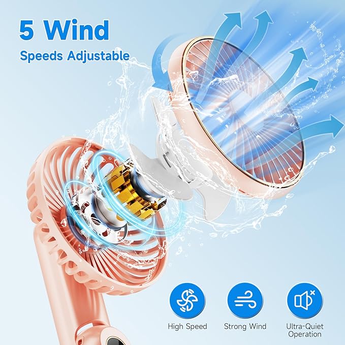 Portable Handheld Fan, [Up to 15 Working Hours],180° Foldable Personal Fan, USB Rechargeable Mini Hand Fans for Travel/Summer/Outdoor/Office, 5 Speeds Adjustable, LED Display, Pink