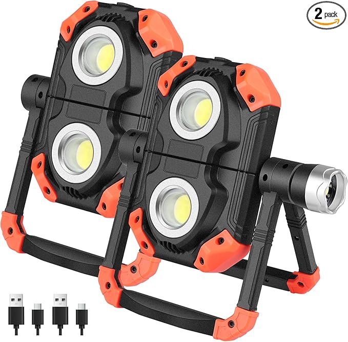sunzone Rechargeable LED Work Light,Portable Flood Light Spotlight 2 in 1 Job Site Lighting with Magnetic Bases,Rotatable Foldable Waterproof LED Light for Camping,Car Inspection Emergency(2 Pack)