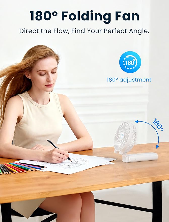 HandFan 5200mAh Portable Handheld Fan - 3 Speeds, 180° Foldable, Rechargeable Personal Cooling Fan, 20H Long Runtime for Travel, Disney, Games, Park, Concerts, Summer & Outdoor Use (White)