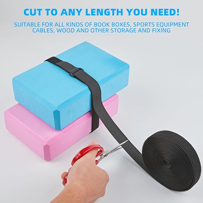 1" x 40ft Nylon Hook and Loop Cable Straps Roll with 50 Plastic Buckles - Reusable, Adjustable, Cut-to-Length for Organizing Cords, Wires & Storage Solutions