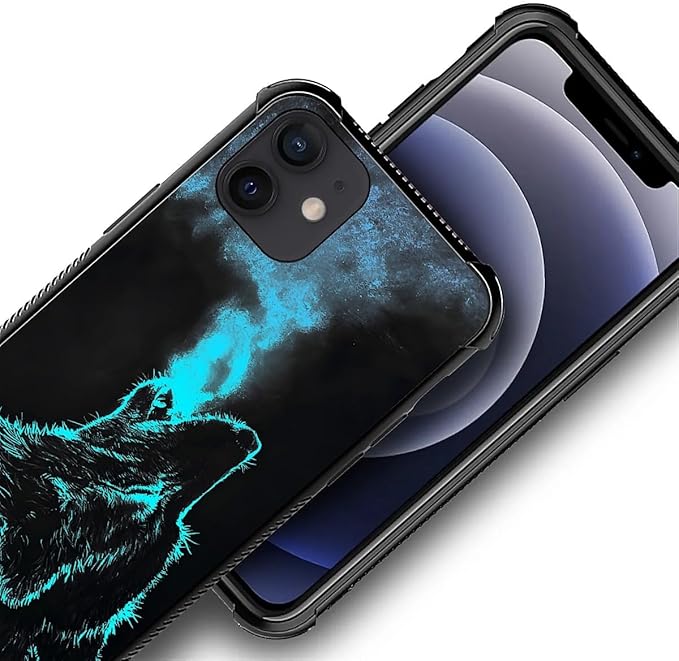 for iPhone 12 Mini Case, Blue Breathing Wolf Pattern Graphic Design Girl Boy Soft Silicone Hard Acrylic Shock Protection for iPhone 12 Mini