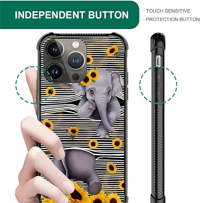 for iPhone 13 Pro Max Case, Cute Little Elephant Sunflower White Line Art Pattern Graphic Design Girl Boy Soft Silicone Hard Acrylic Shock Protection for iPhone 13 Pro Max