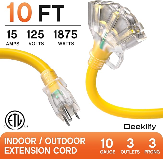 10 ft 10 Gauge Heavy Duty 3 Outlet Extension Cord Splitter with Indicator, Waterproof Outdoor Extension Cord with Multiple Outlets, 15A 1875W for Workshop, ETL Listed, Flexible Yellow SJTW