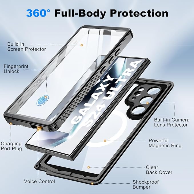 for Samsung Galaxy S24 Ultra Waterproof Case with Magsafe, Built-in Magnetic & Screen Protector, IP68 Certified Full Body Shockproof, for Water Sports Underwater Photography, 6.8" Black