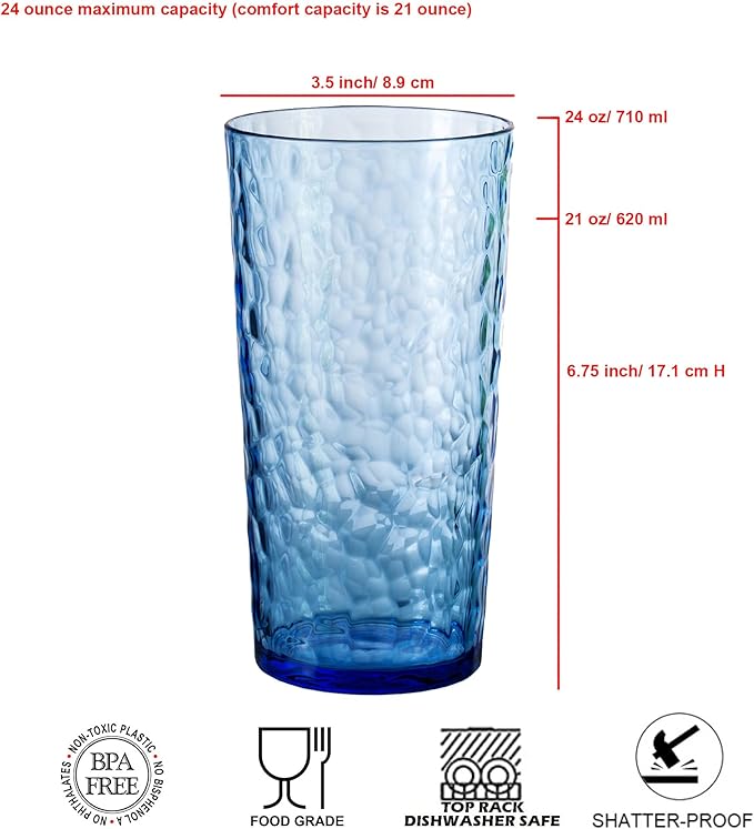 24-ounce Plastic Tumblers, Acrylic Drinking Glasses High-Balls, set of 12 Blue, Reusable Plastic Cups, Hammered Style Stackable, BPA-Free, Shatter-Proof, Dishwasher-Safe