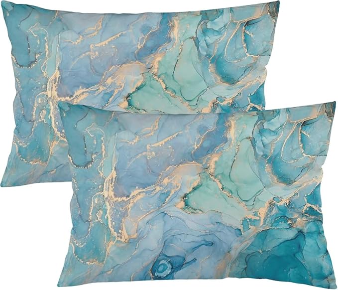 Teal Marble Throw Pillow Covers Set of 2 Queen Size Turquoise Blue Gold Natural Luxury Abstract Fluid Pillow Cushion Cases Standard Pillow Cases Decorative Pillowcase 20X30 Inch for Sofa Bed