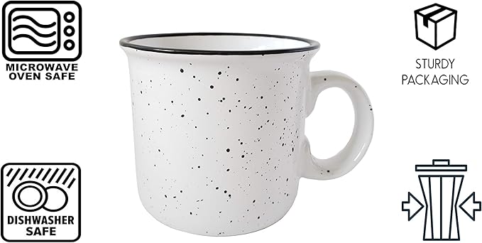 14oz Ceramic Campfire Coffee Mug (Set of 4), White with Speckled Finish - Durable Thick Walled Camping Style Cup for Outdoors or Home