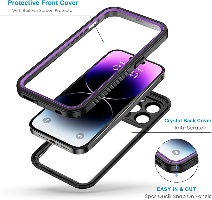 Lanhiem for iPhone 14 Pro Case, IP68 Waterproof Dustproof Shockproof with Built-in Screen Protector, 6.1 inch - Purple