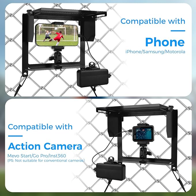 Game Changer Fence Mounting Kit - Phone Fence Mount Holder for Baseball - Fence Mount for Mevo with Adjustable Shade and Power Bank Clip for iPhone, Samsung, GoPro and Other Action Cameras