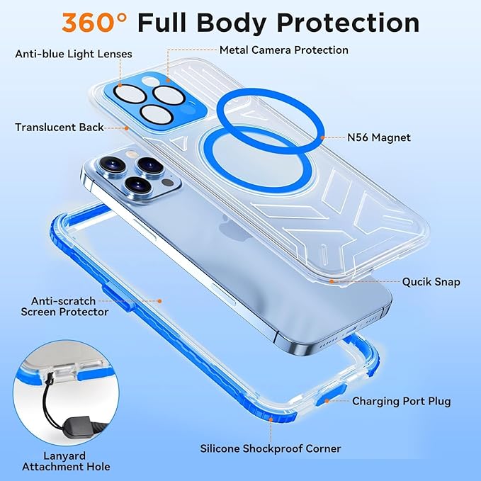 WIFORT for iPhone 15 Pro Max Waterproof Case, [IP68 Underwater Dustproof][Built-in Screen][15FT Military Shockproof], 360 Full Body Sealed Protection Cover Magnetic Frosted Phone Case, 6.7" Blue
