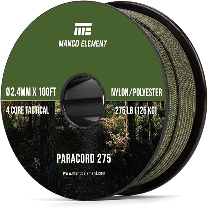 2.4mm Paracord 275LBS 100FT Rope Cord - 4 Strand, Nylon & Polyester, Abrasion Resistance - Army Green