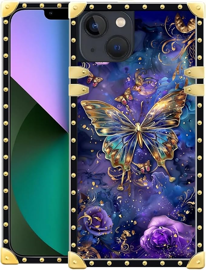 Compatible with iPhone 13 Case, Glistening Golden Butterfly Vibrant Purple Blue Luxury Golden Decoration for Girl Women Soft TPU Shockproof Protective Hard PC Back for iPhone 13