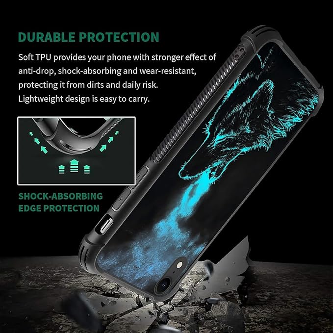 for iPhone XR Case, Blue Breathing Wolf Pattern Graphic Design Girl Boy Soft Silicone Hard Acrylic Shock Protection for iPhone XR