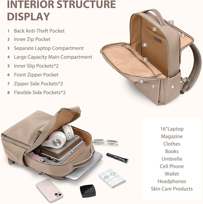 Laptop Backpack for Women, Work Business Traval Computer Backpacks with Laptop Compartment Waterproof Casual Daypack for Travel College,16Inch,Champagne Brown