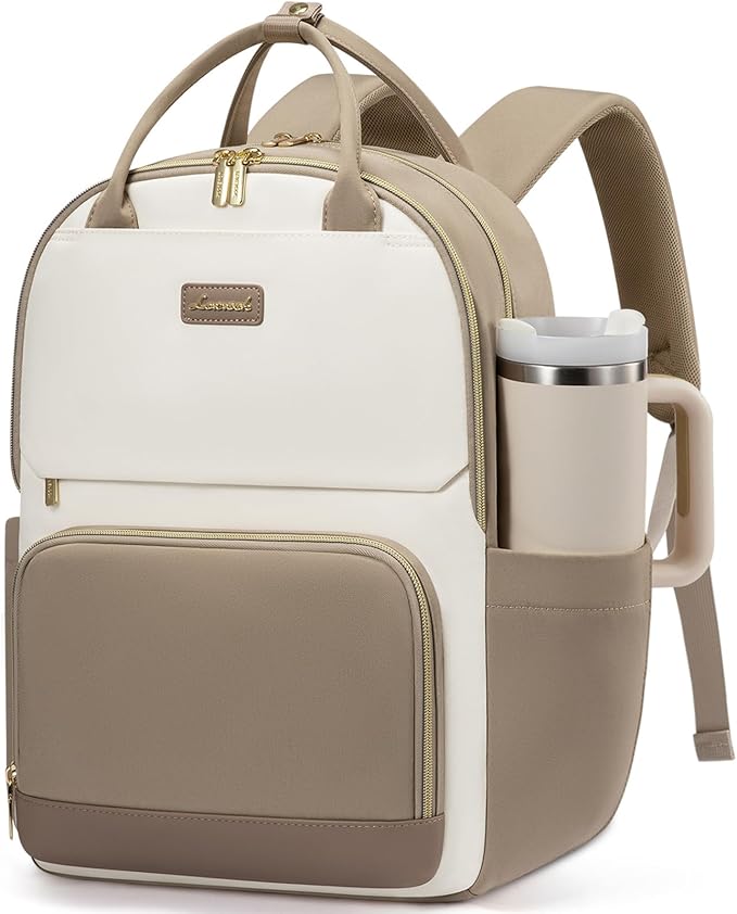 LOVEVOOK Laptop Backpack for Women with Giant Tumbler Holder Pocket, 15.6 inch Travel Work Backpack Purse for Teacher Nurse, Waterproof College Book Bag Cute Casual Daypack, Beige-Khaki