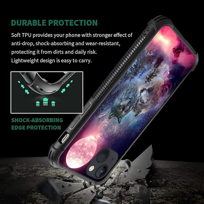 for iPhone 13 Mini Case, Star Two Wolfs Howling Pattern Graphic Design Girl Boy Soft Silicone Hard Acrylic Shock Protection for iPhone 13 Mini